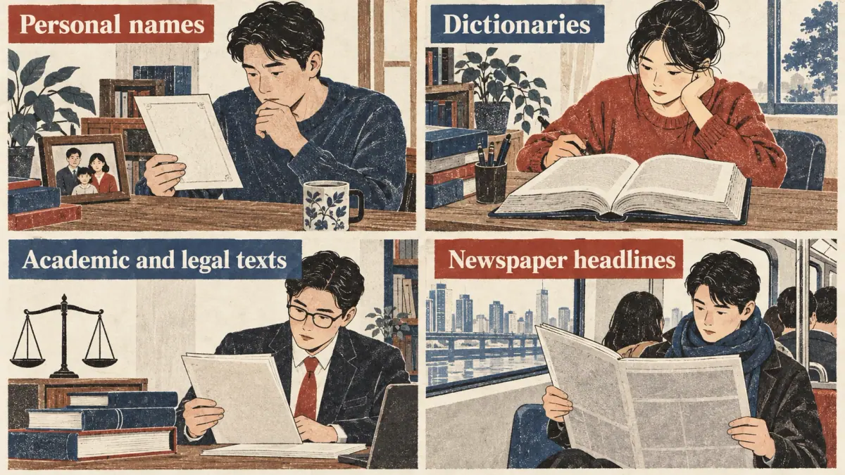 Four scenes show hanja in personal names, dictionaries, academic and legal texts, and newspaper headlines.