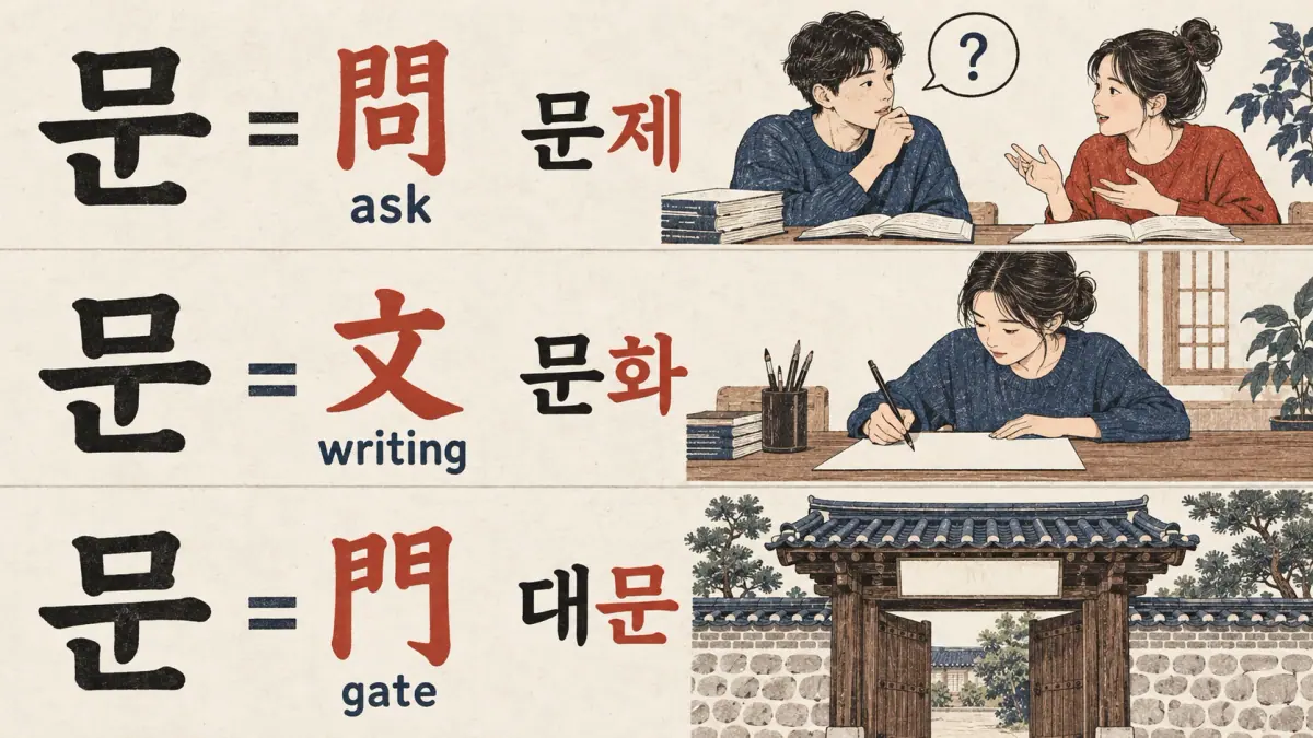 문 connects to 問 ask in 문제, 文 writing in 문화 and 門 gate in 대문.