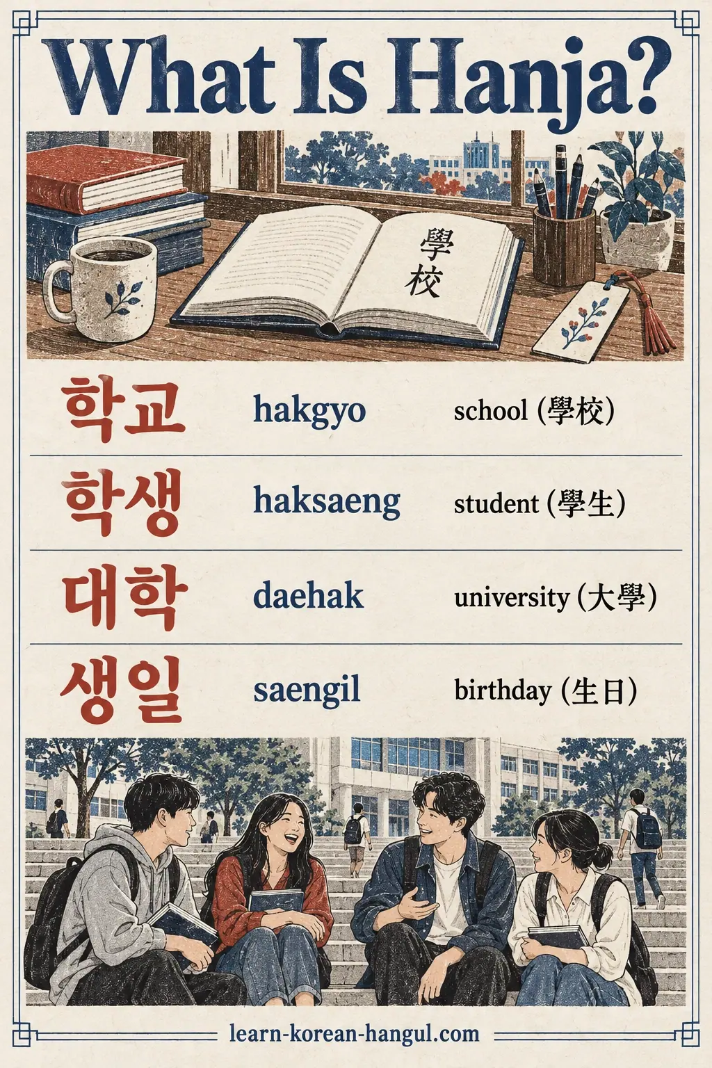 Hanja words: 학교 (hakgyo), 학생 (haksaeng), 대학 (daehak), 생일 (saengil), with meanings and scenes.