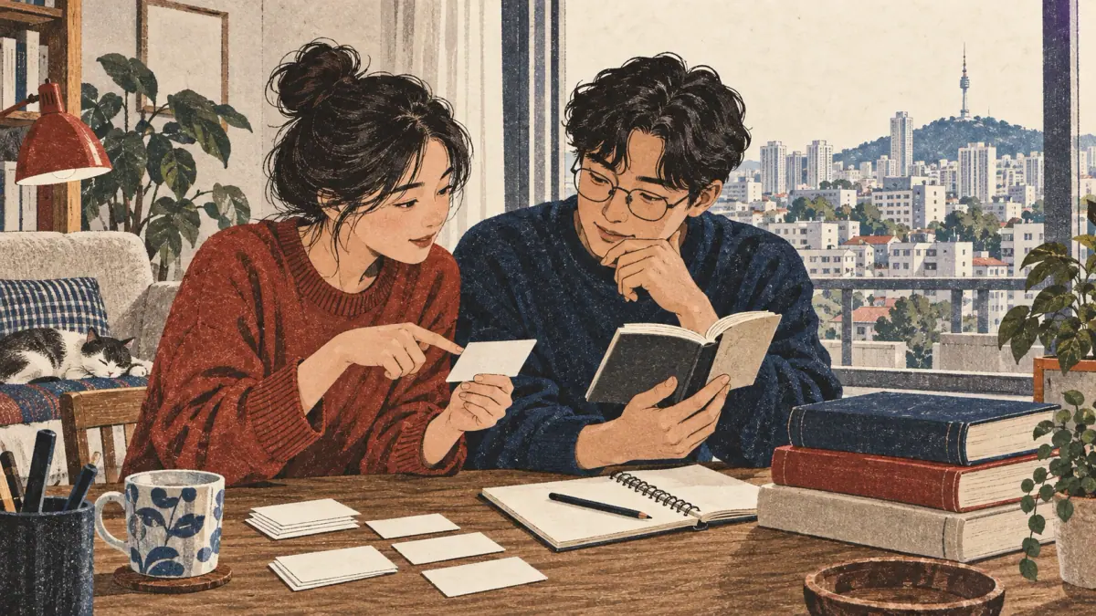 Adult learners consult a dictionary at a Seoul apartment desk.