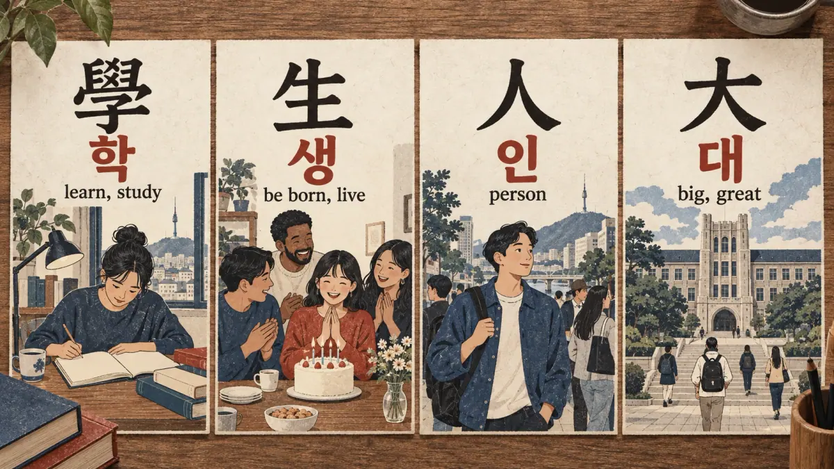 Four illustrated cards pair 學 학, 生 생, 人 인 and 大 대 with meanings.