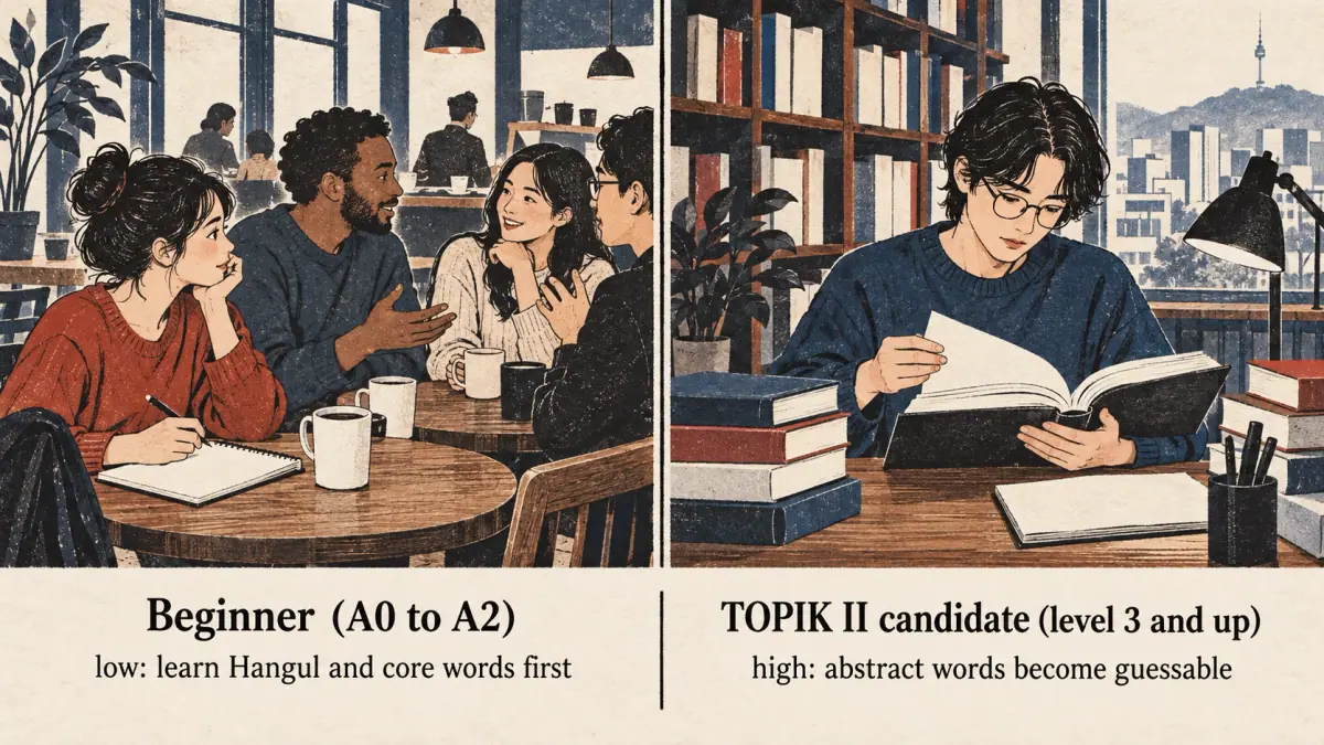 Beginner and TOPIK II learner scenes compare the benefit of studying hanja.