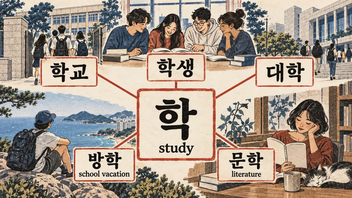 학 connects 학교, 학생, 대학, 방학 (school vacation) and 문학 (literature) in a word family.