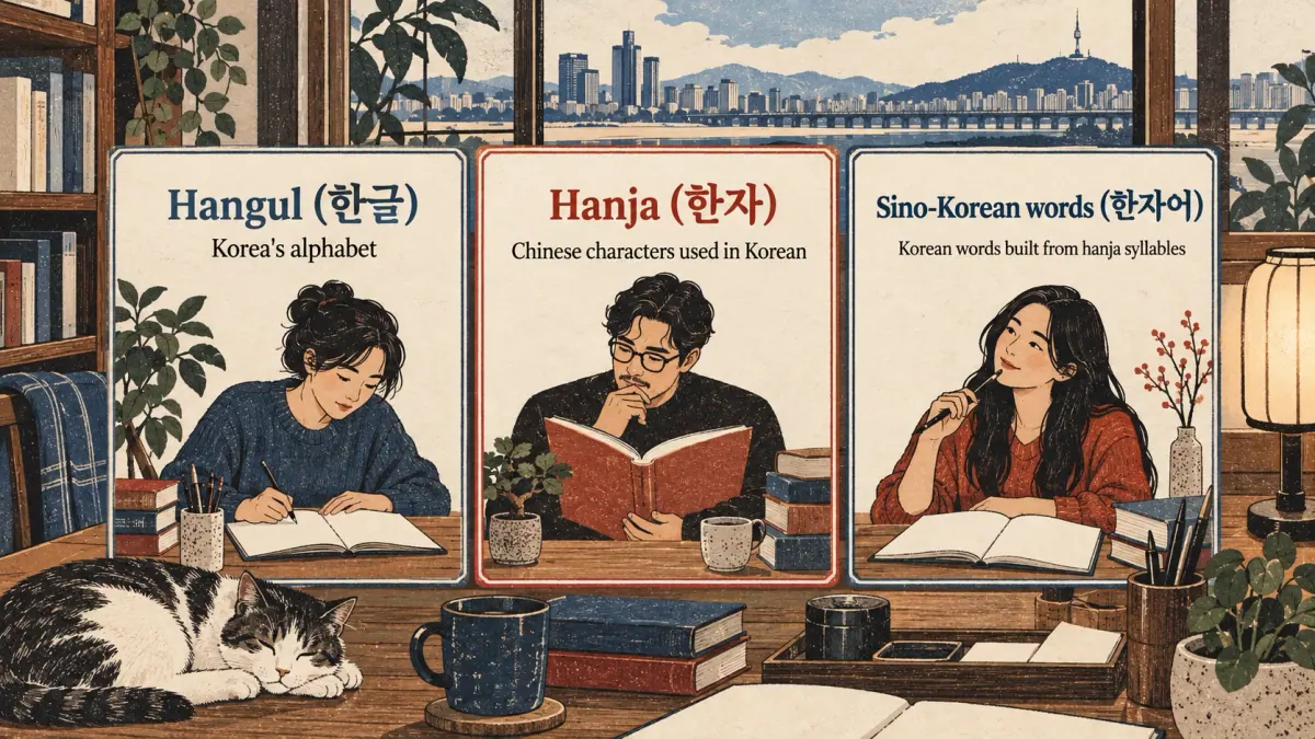 Three cards distinguish Hangul (한글), Hanja (한자) and Sino-Korean words (한자어).