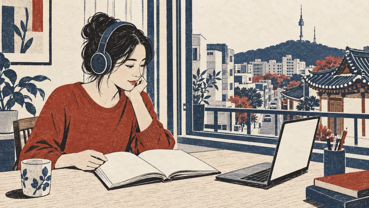 An adult learner studies with headphones in a Seoul apartment overlooking Namsan tower.