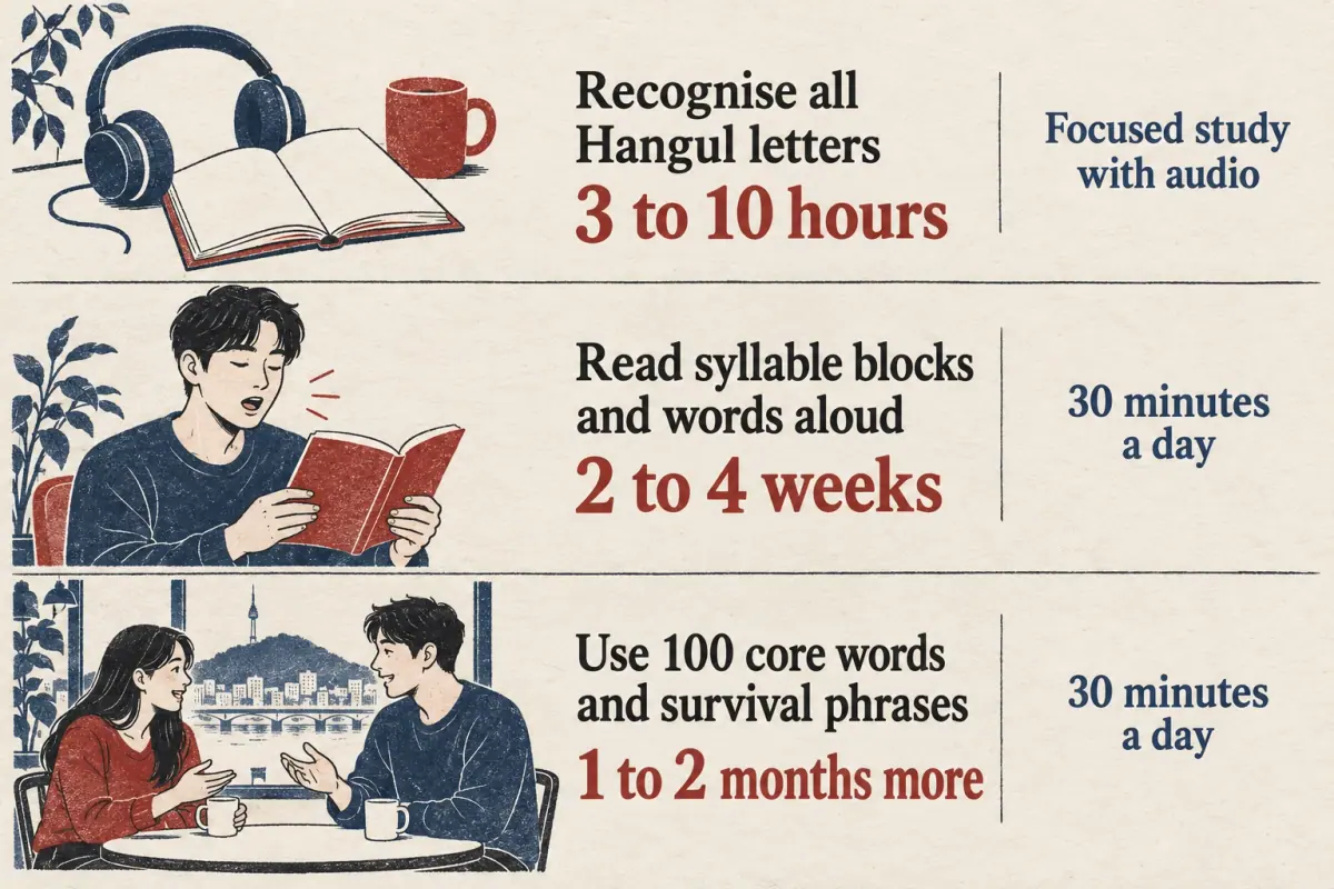 Three study milestones compare Hangul recognition, reading aloud, and using core words with estimated times.