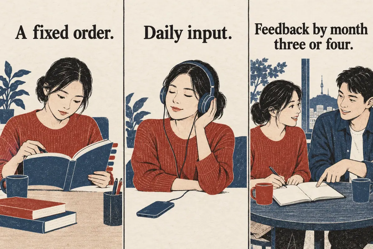 Three scenes show a fixed lesson order, daily listening, and feedback from a conversation partner.