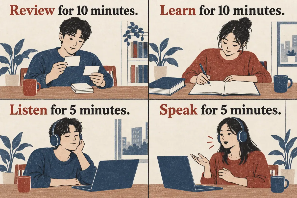 Four panels divide daily practice into 10 minutes of review, 10 of learning, 5 of listening and 5 of speaking.