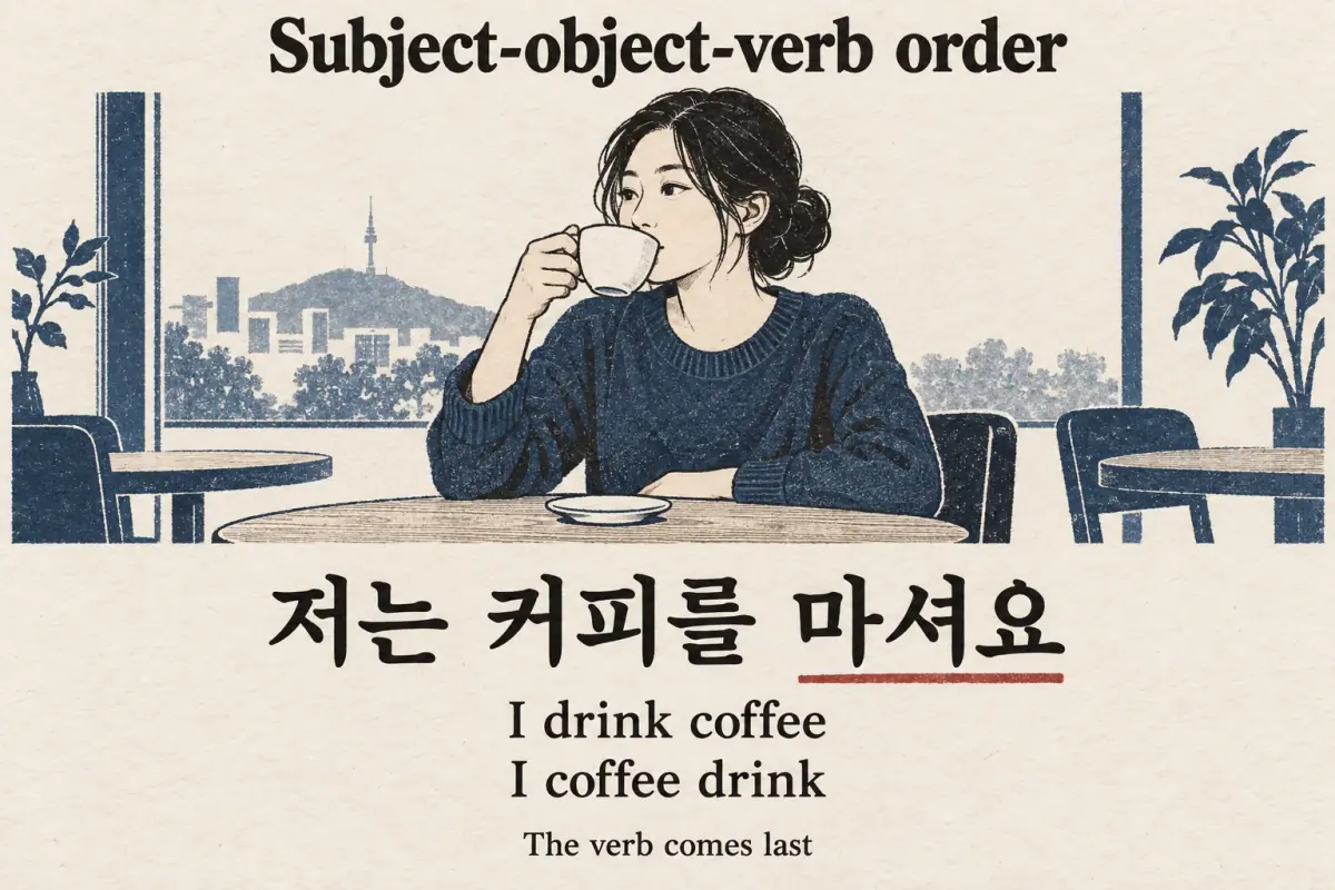 A café scene shows 저는 커피를 마셔요, “I drink coffee,” with the final verb underlined.