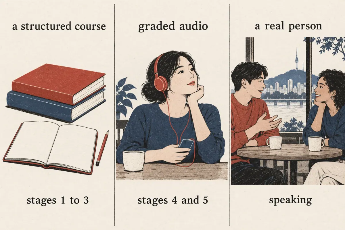Three panels match a structured course to stages 1–3, graded audio to stages 4–5, and a real person to speaking.