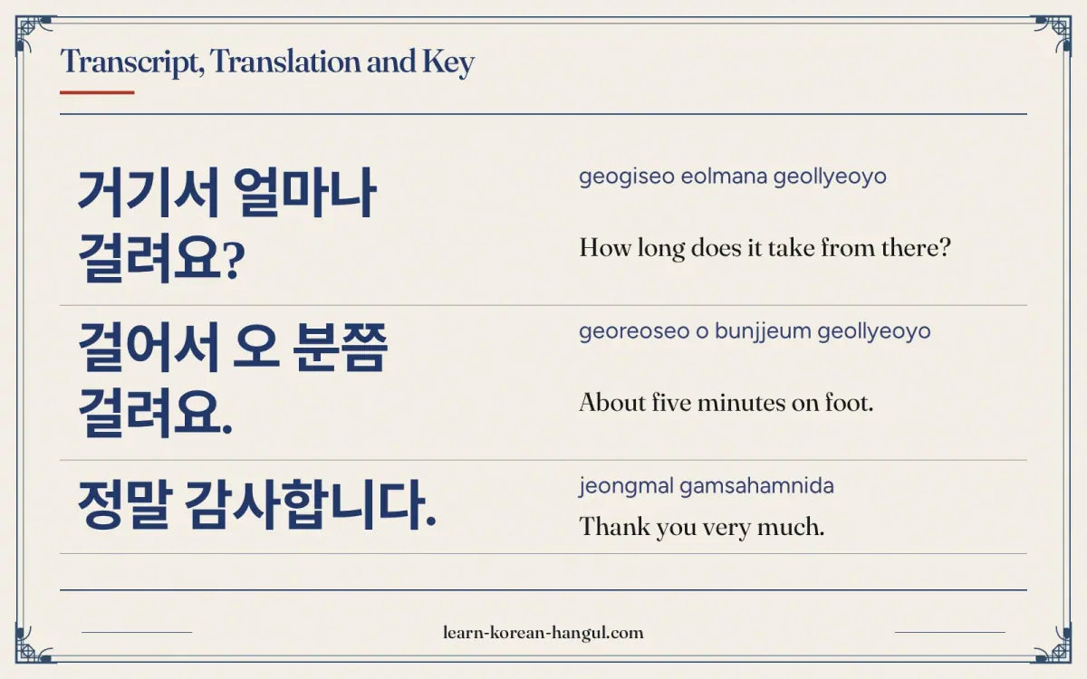 거기서 얼마나 걸려요? · geogiseo eolmana geollyeoyo · How long does it take from there? · Transcript, translation and key