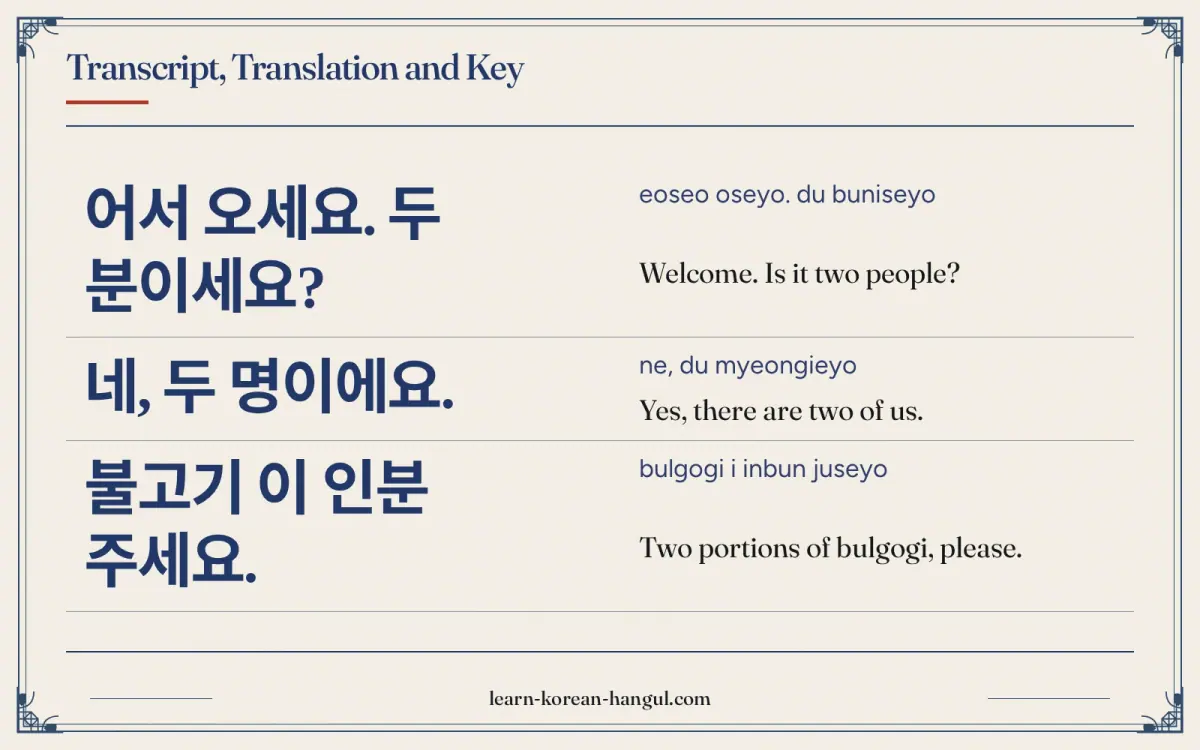 어서 오세요. 두 분이세요? · eoseo oseyo. du buniseyo · Welcome. Is it two people? · Transcript, translation and key