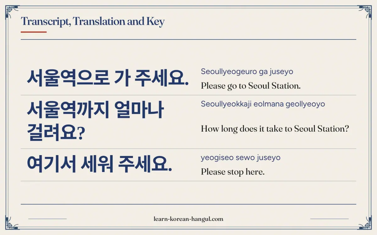 서울역으로 가 주세요. · Seoullyeogeuro ga juseyo · Please go to Seoul Station. · Transcript, translation and key