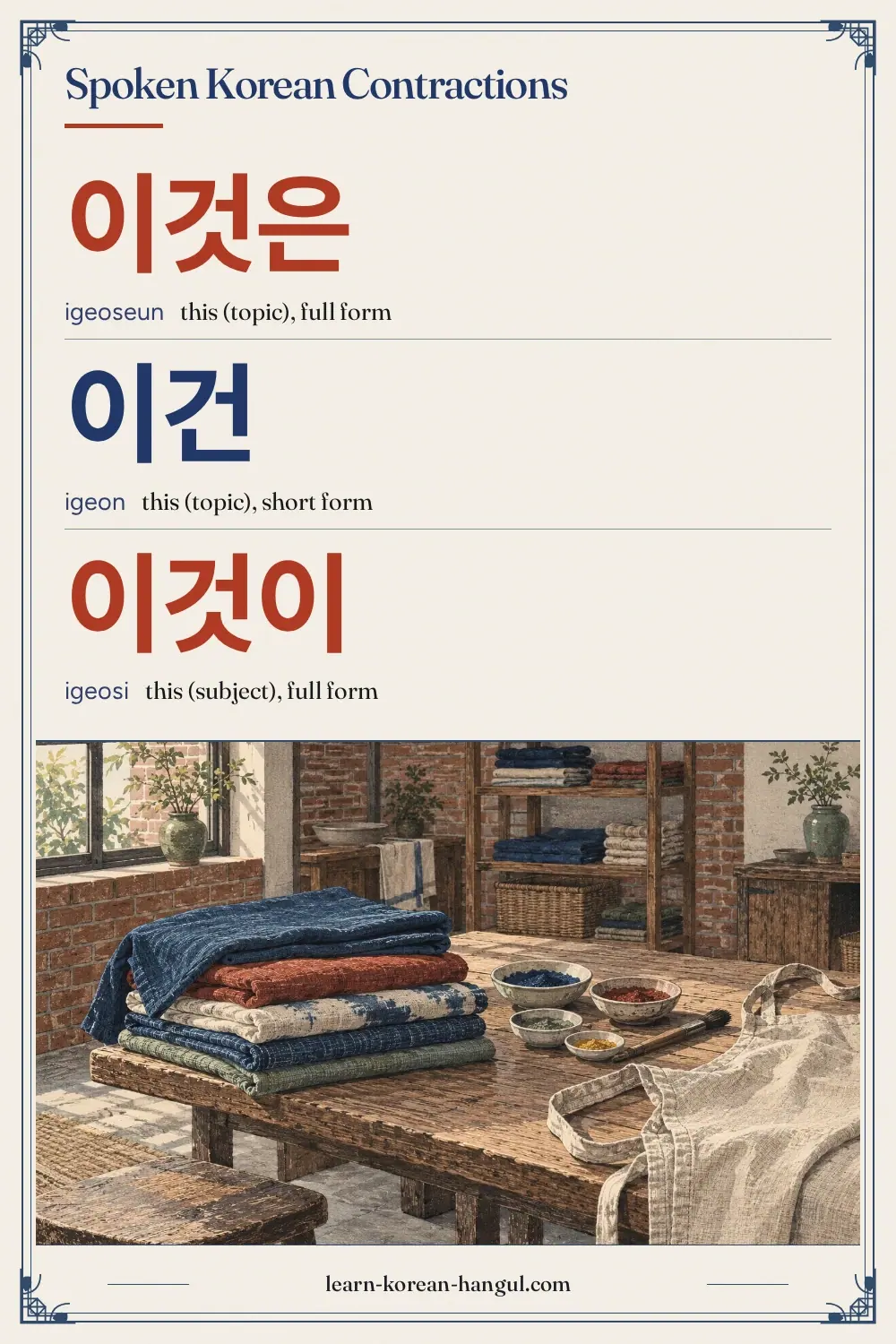 이것은 · igeoseun · this (topic), full form · Spoken Korean Contractions