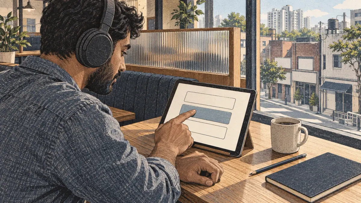 A learner wearing headphones chooses among three audio options on a tablet in a Seoul study café.