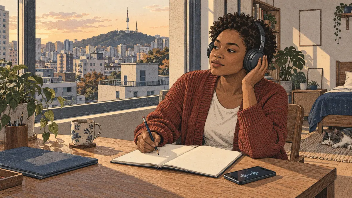 An adult learner listens to Korean audio and prepares to take notes beside a Seoul apartment window.