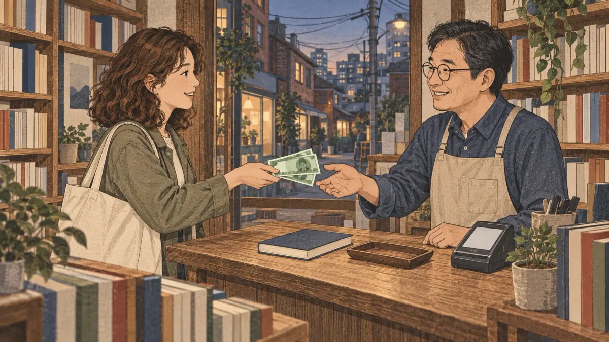 Una clienta adulta entrega dos billetes ilustrados de won coreano a un librero en una librería de barrio de Seúl.