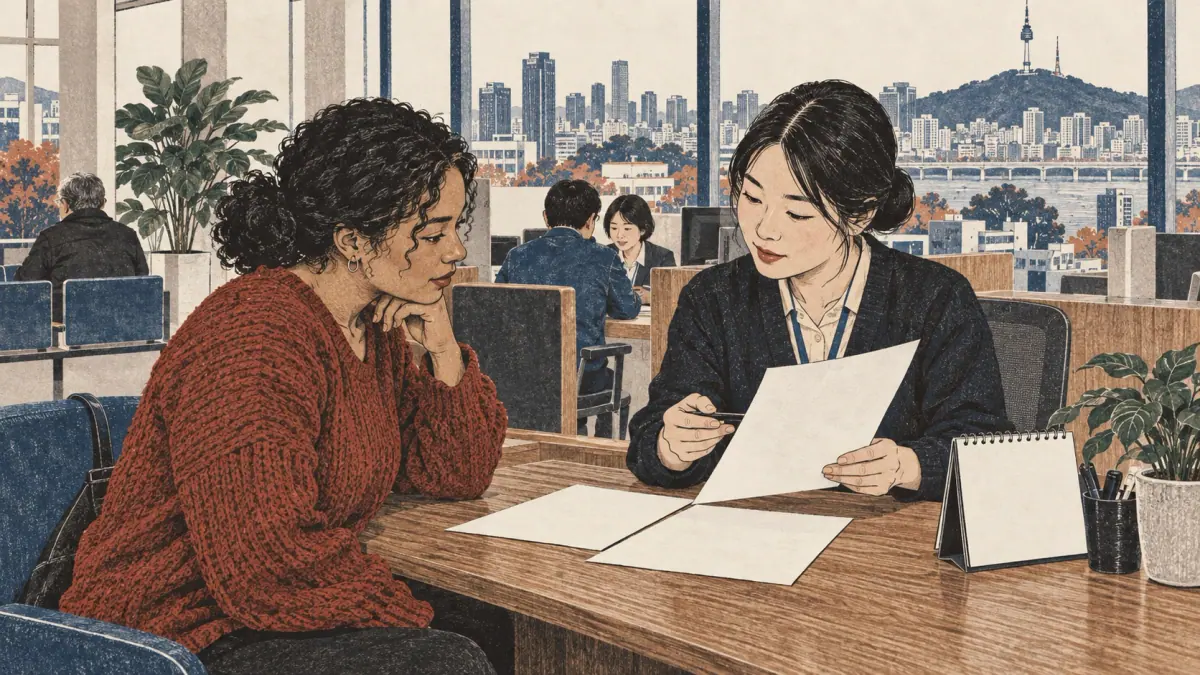 A learner presents a birth-date document at a Seoul public-service counter.