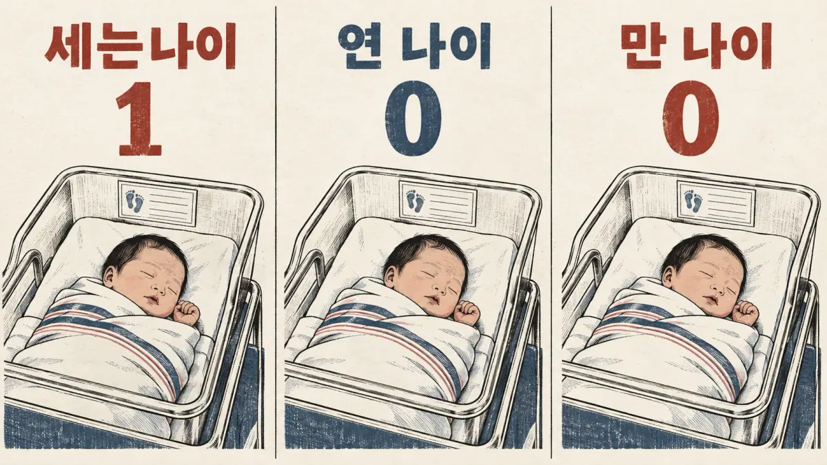 세는나이 starts at 1; 연 나이 and 만 나이 start at 0, shown beside a newborn.