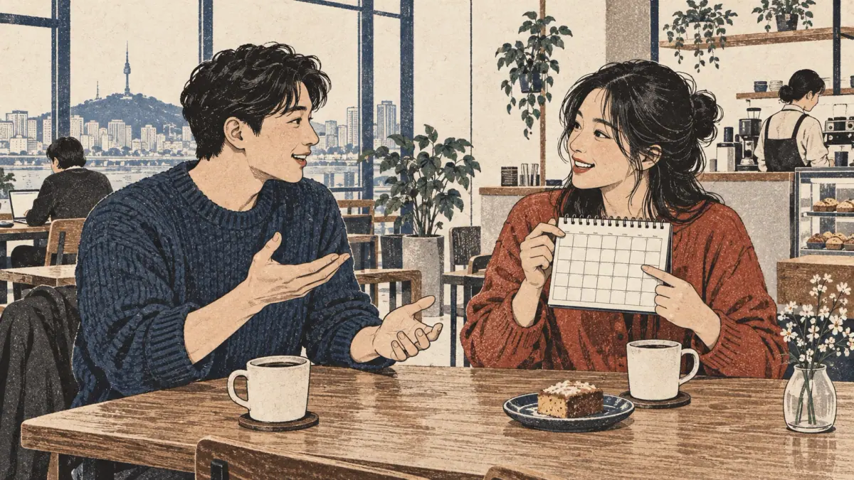 Friends discuss birth years in a Seoul café.