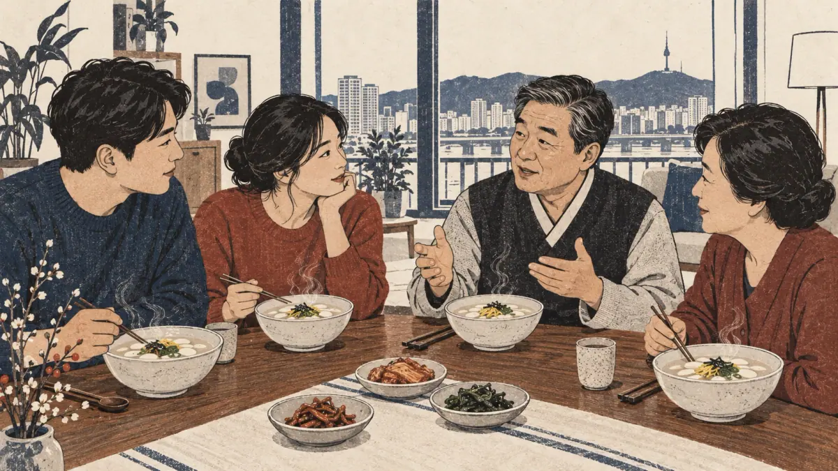 A family shares rice-cake soup at New Year, illustrating the counting-age tradition.