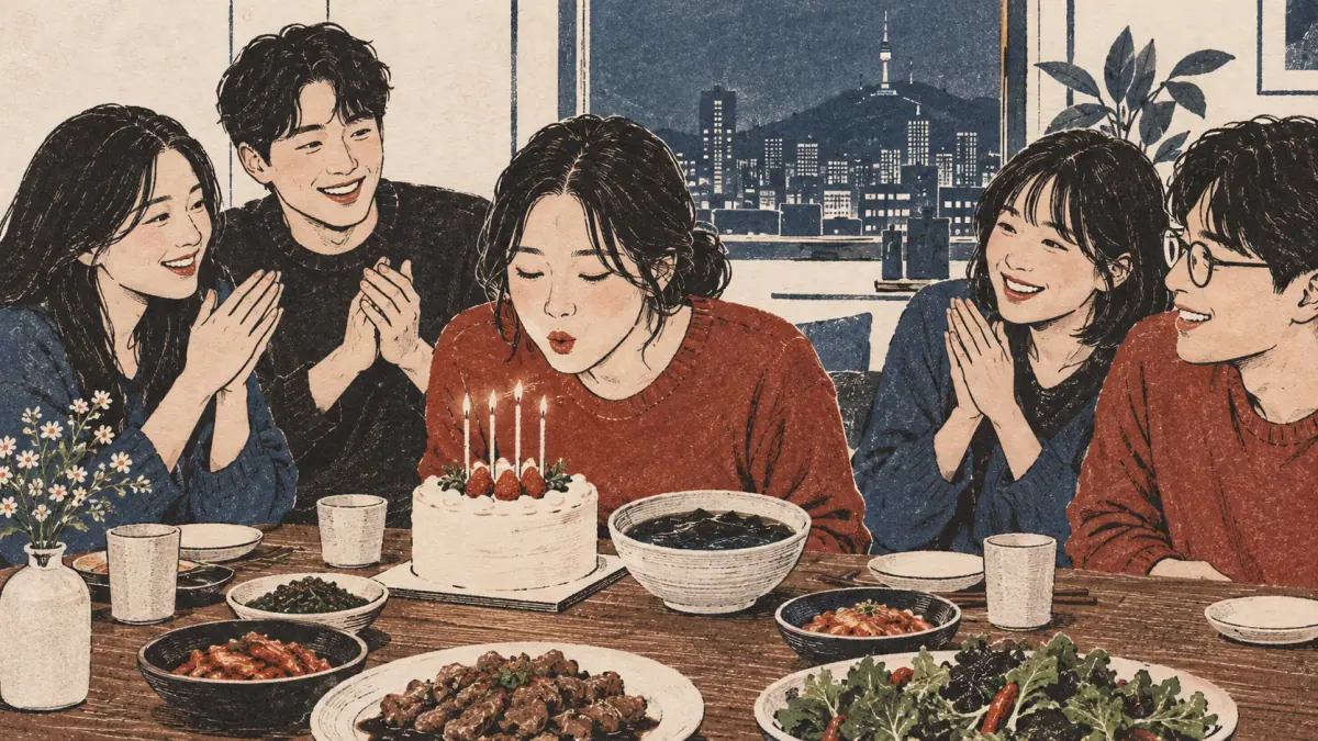 Friends celebrate a birthday with cake and seaweed soup.