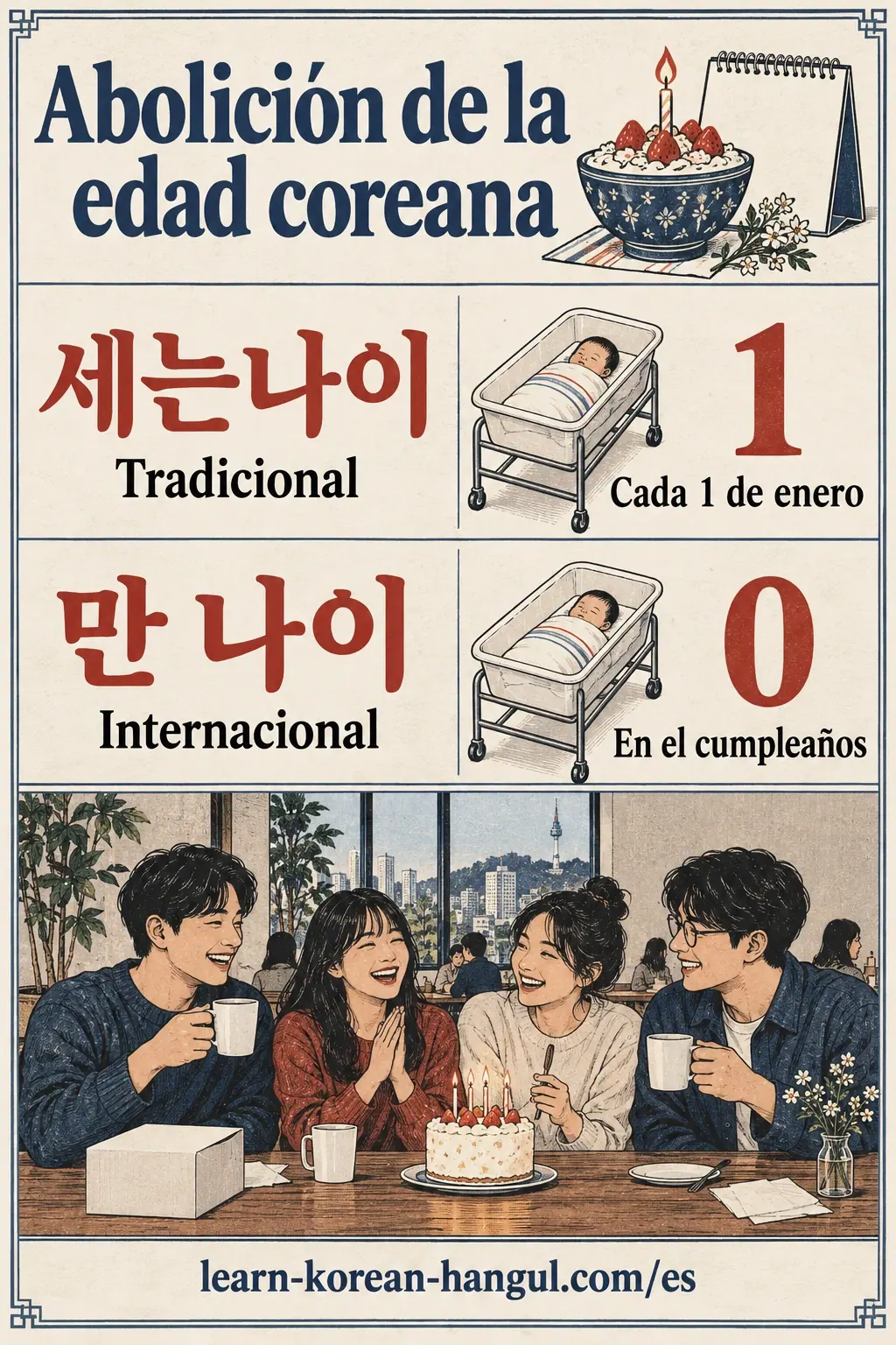 Compara 세는나이 y 만 나이: 1 o 0 al nacer, y cambio en enero o en el cumpleaños.