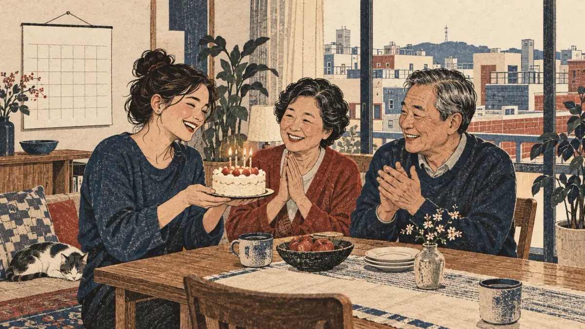 Adults celebrate a birthday in a Seoul apartment, illustrating the day international age increases.