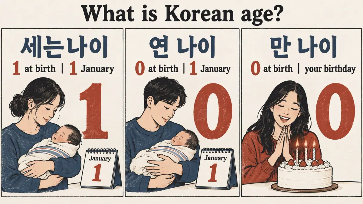 세는나이, 연 나이 and 만 나이 compare starting ages and January or birthday changes.