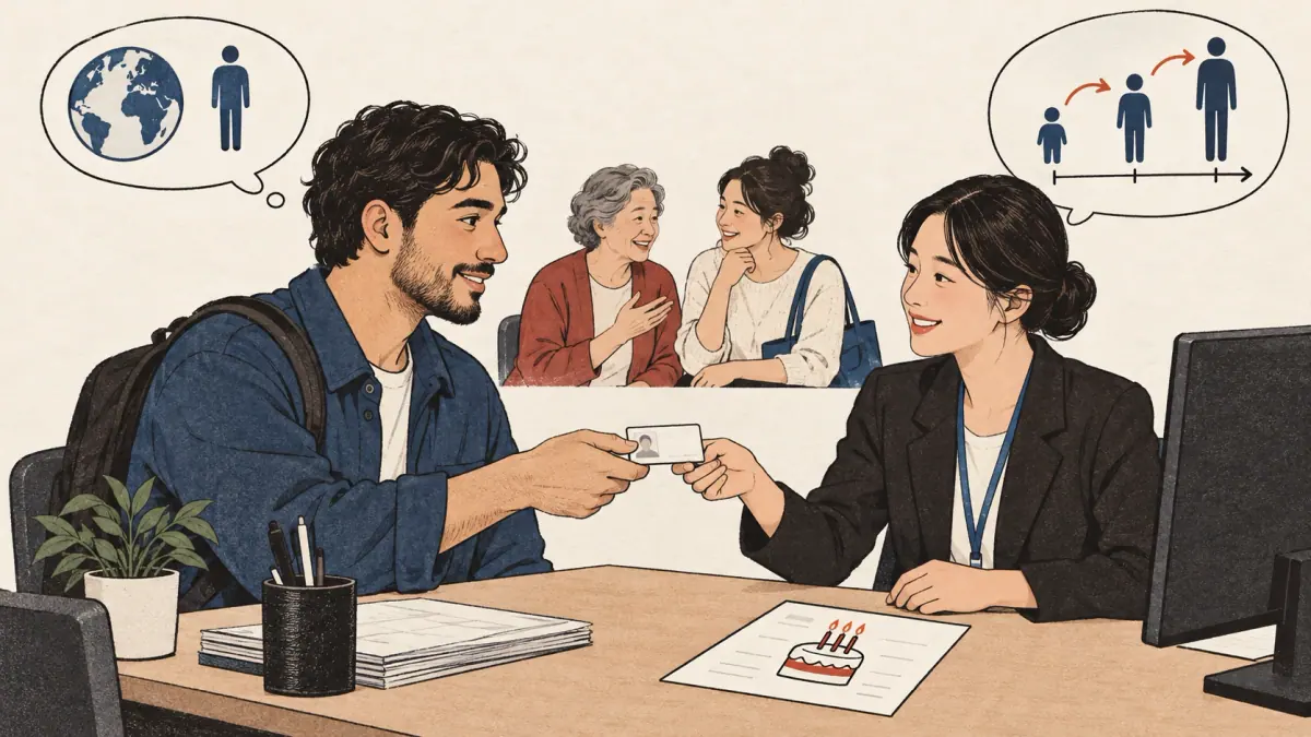 A foreign resident gives birthday identification to a Korean administrator for an official form.