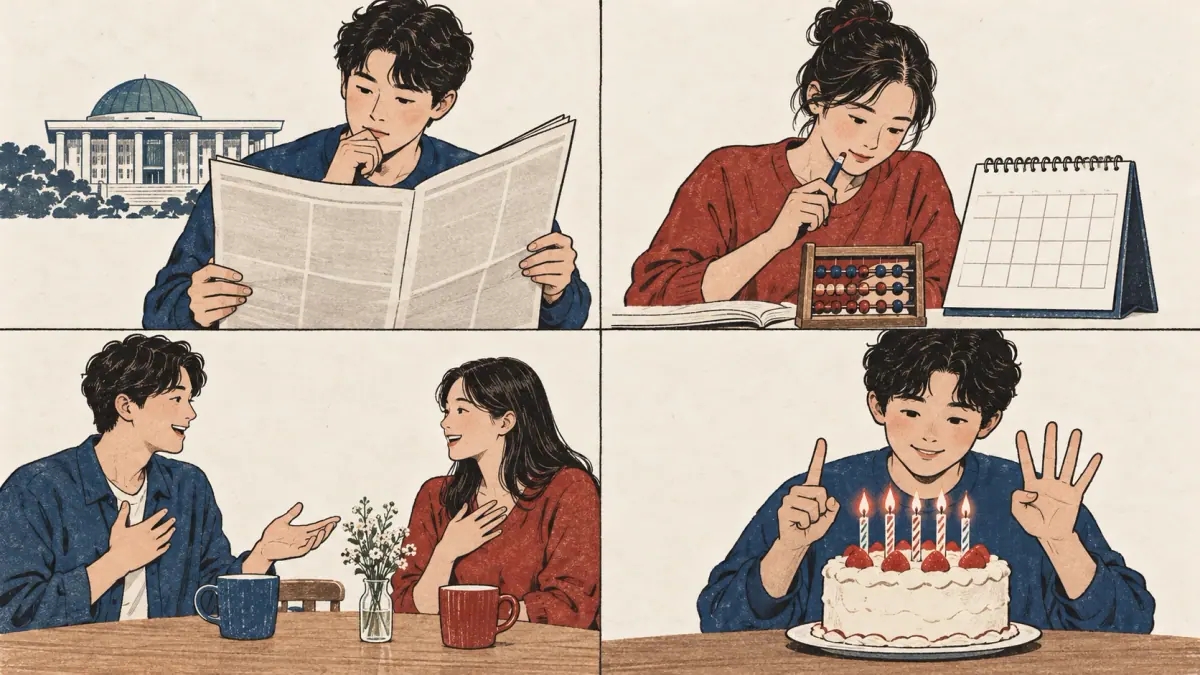 Four scenes show legal reading, age calculation, conversation and counting birthday candles.