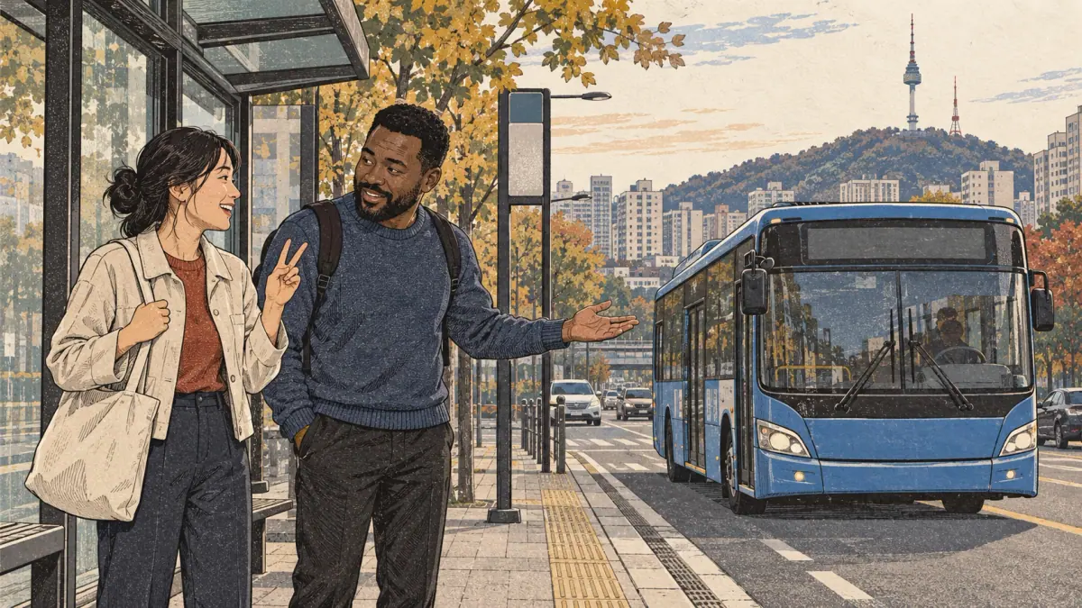 Two adult learners discuss a bus journey at a Seoul bus stop, one counting trips on her fingers.