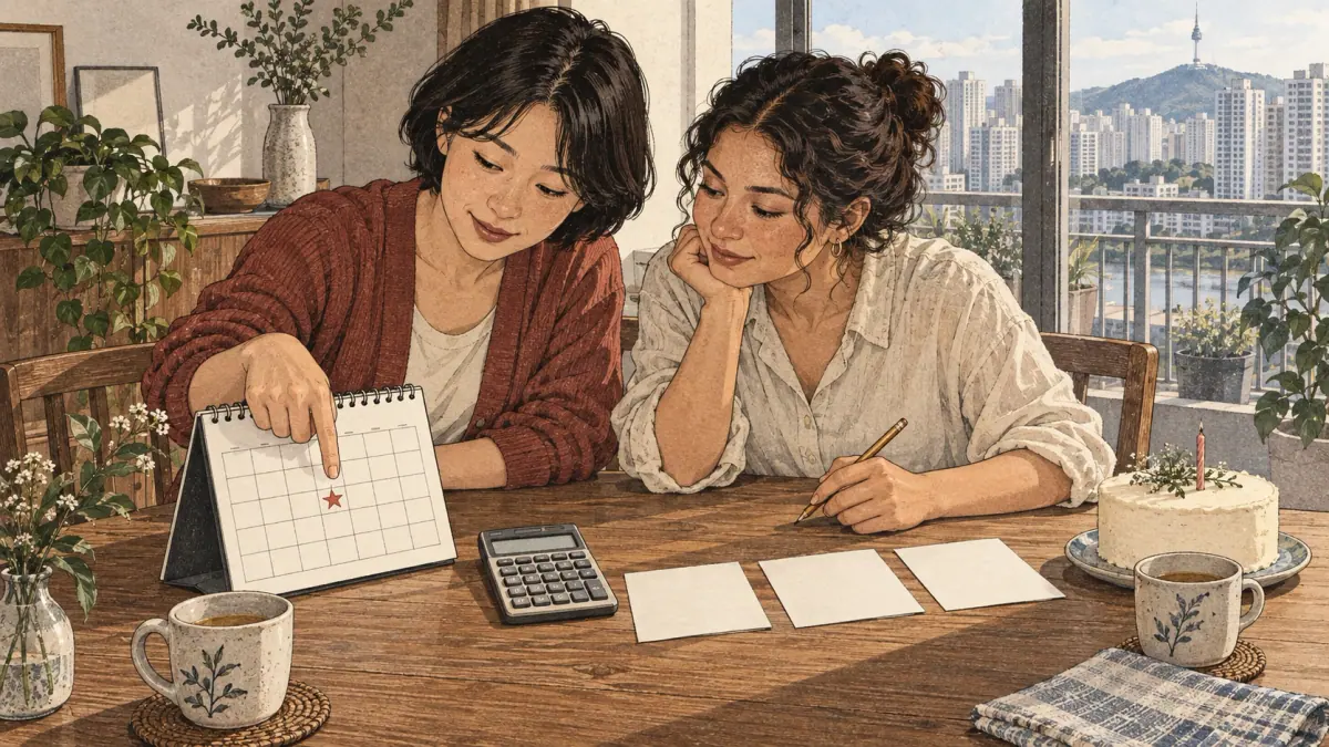 An adult learner and a Korean friend use a calendar and calculator to work out age at a Seoul apartment table.