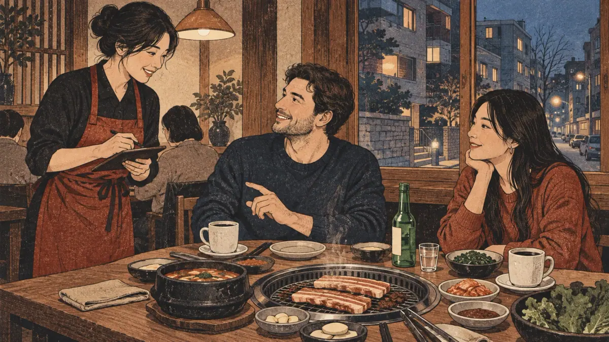 Adults order drinks, soup and shared grilled pork belly in a Seoul restaurant.