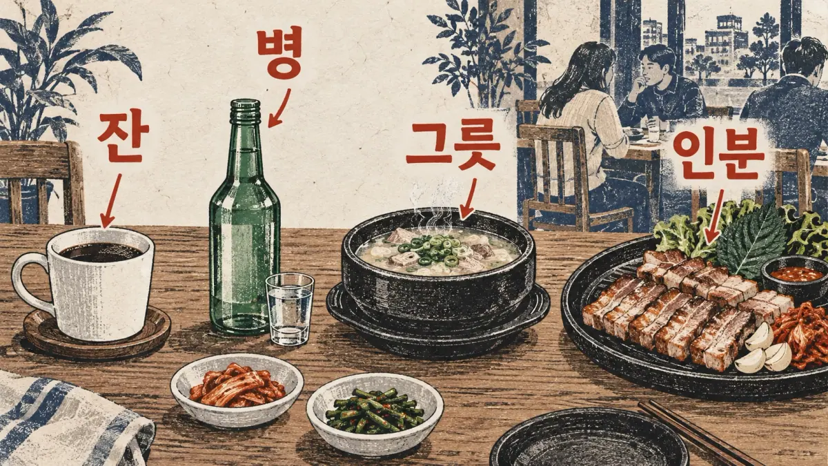 Coffee, bottle, soup bowl and meat serving labelled 잔, 병, 그릇 and 인분.