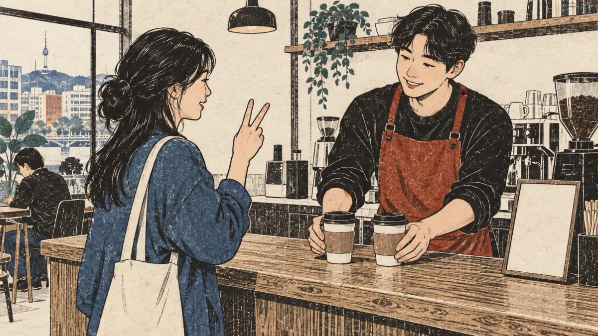 A learner requests two coffees while a barista sets two cups on the counter.