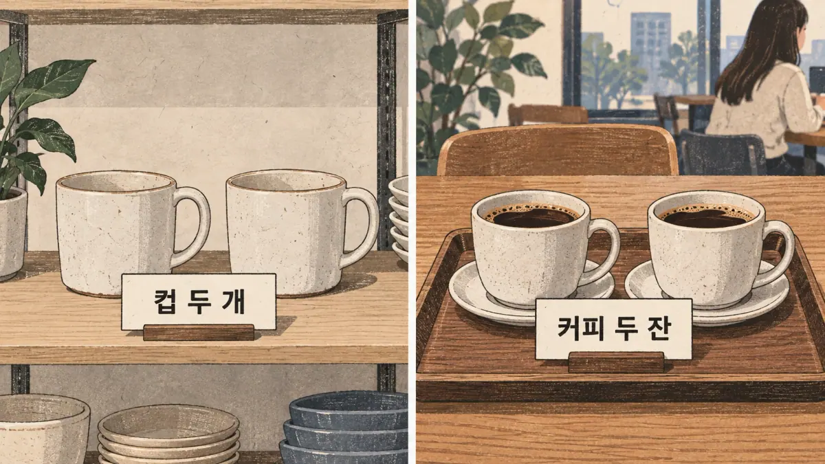 Empty cups labelled 컵 두 개 compared with filled coffee cups labelled 커피 두 잔.