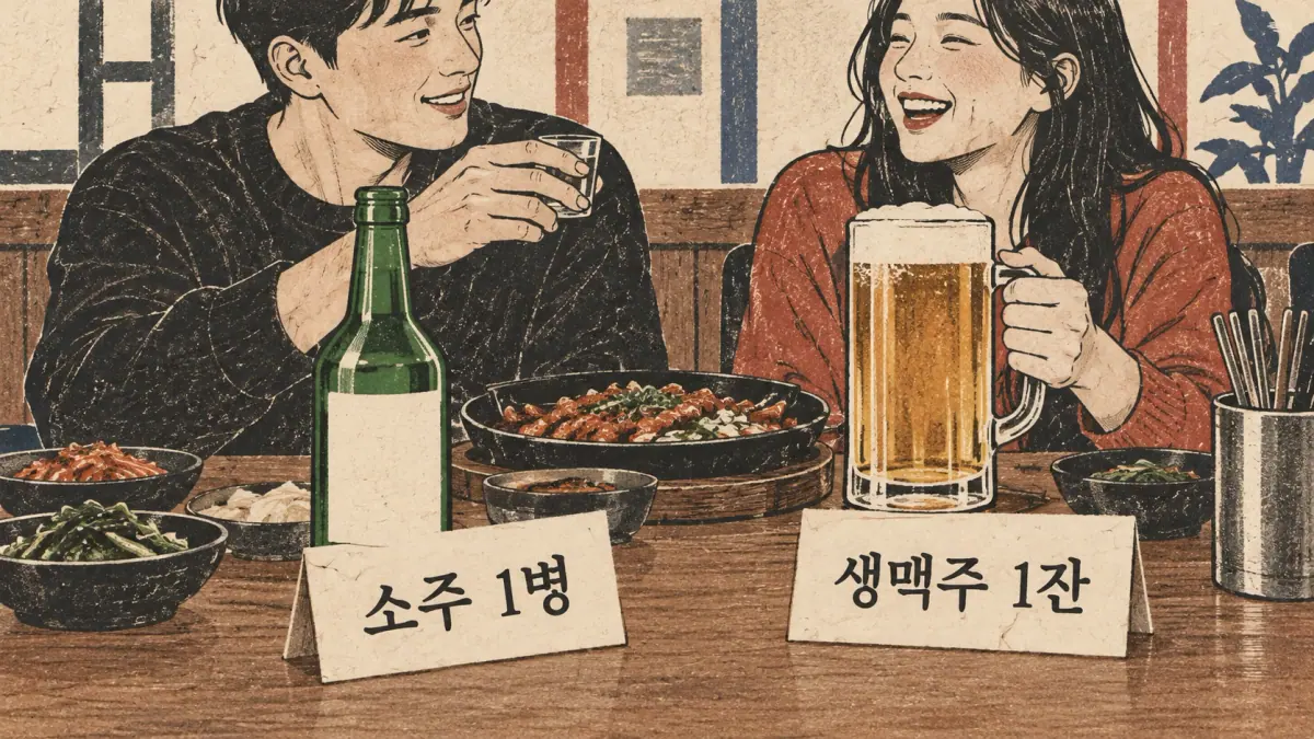 A soju bottle labelled 소주 1병 and draft beer glass labelled 생맥주 1잔.