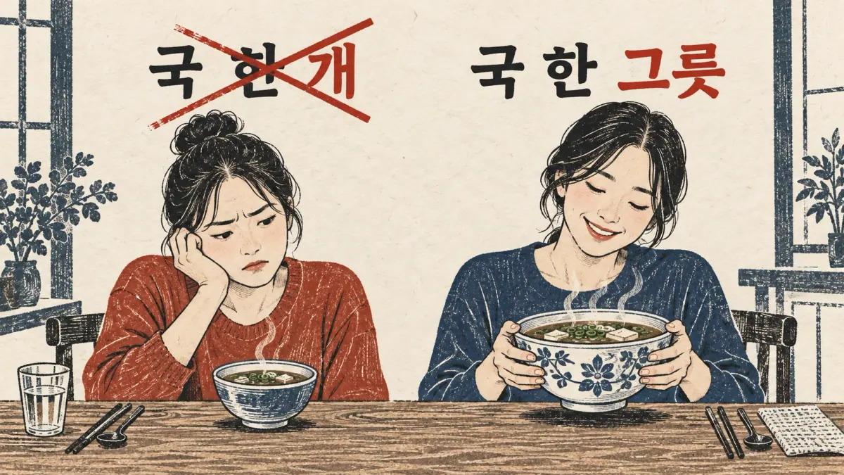 Soup counter comparison: crossed-out 국 한 개 and correct 국 한 그릇.