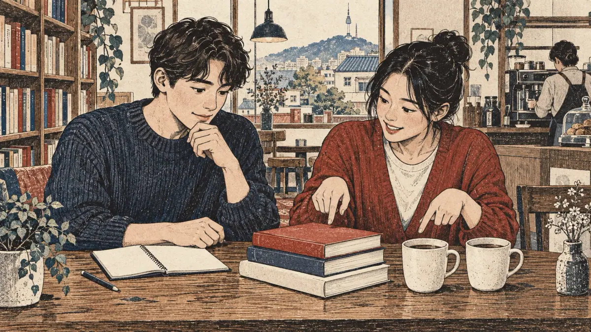 A learner counts three books and two coffee cups at a Korean café table.