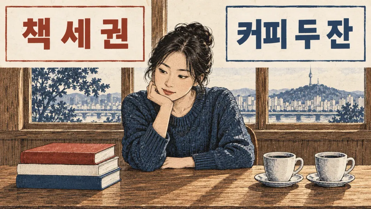 책 세 권 labels three books; 커피 두 잔 labels two coffees beside a learner.