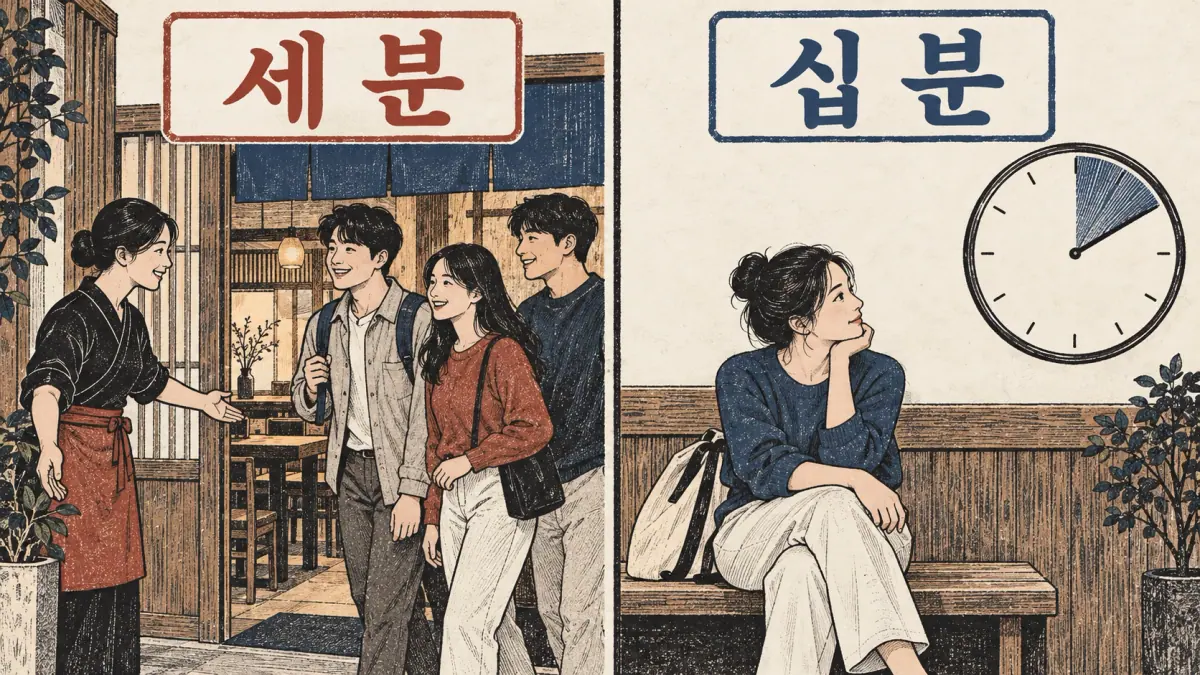 세 분 labels three guests; 십 분 labels a ten-minute wait beside an analog clock.