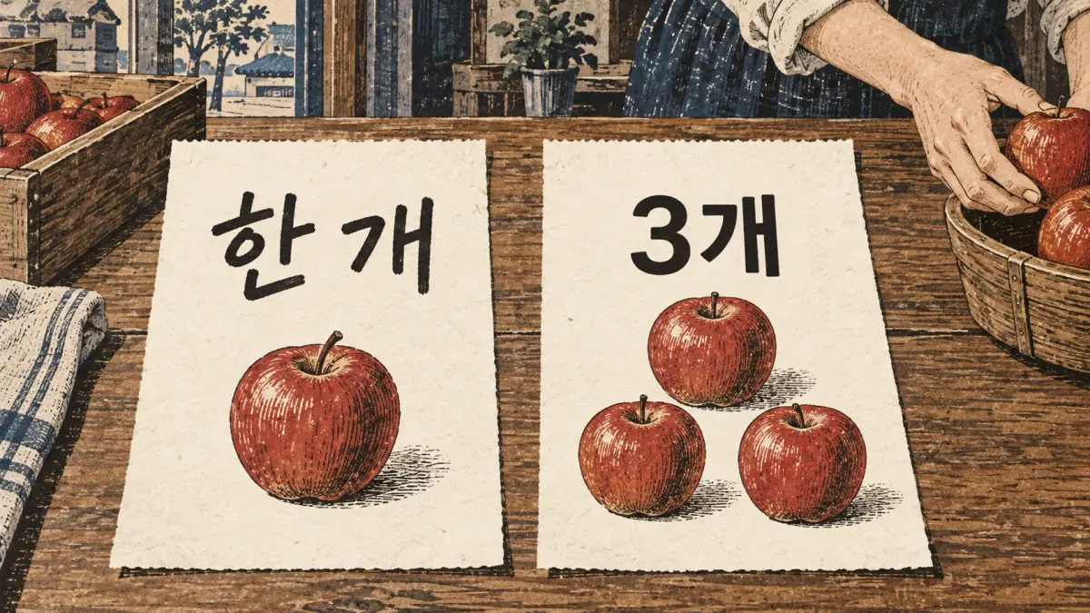 한 개 and 3개 appear on paper panels with one apple and three apples, illustrating spacing.