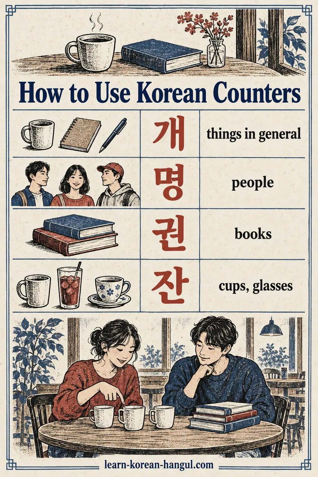 개, 명, 권 and 잔 label general things, people, books and cups in illustrated rows.
