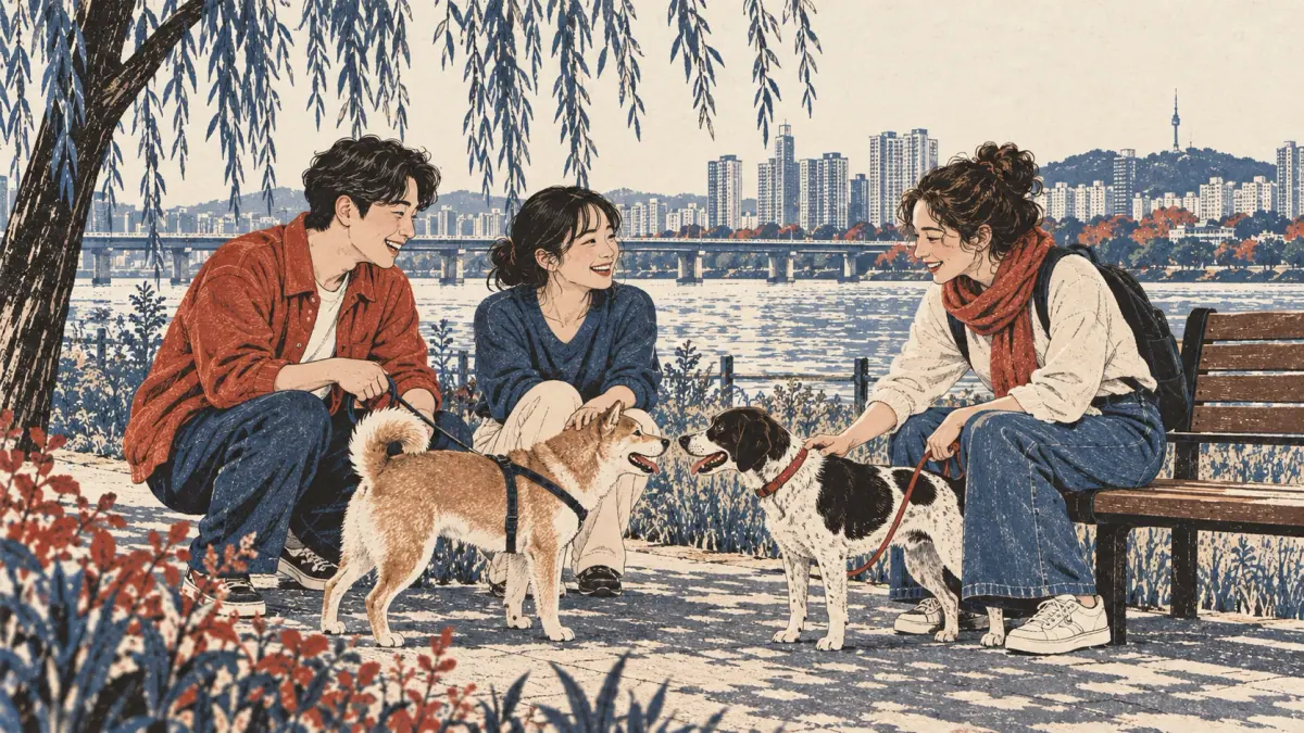 Friends and dogs meet in a Seoul riverside park.