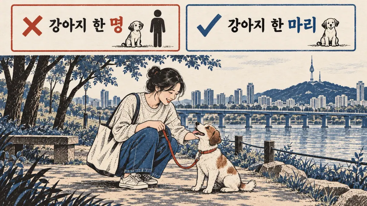 강아지 한 명 is crossed out; 강아지 한 마리 correctly counts one puppy.