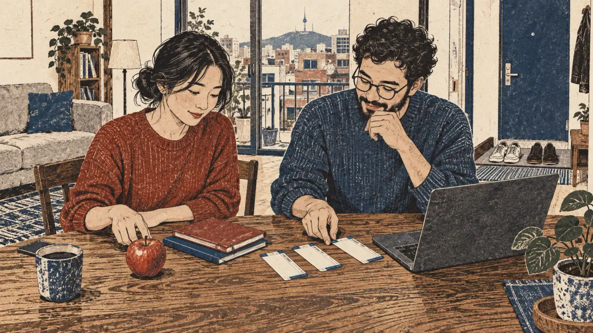 Learners sort an apple, notebooks, tickets and a laptop in a Seoul apartment.