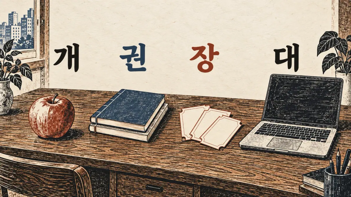 개 labels an apple, 권 notebooks, 장 tickets and 대 a laptop on a wooden desk.