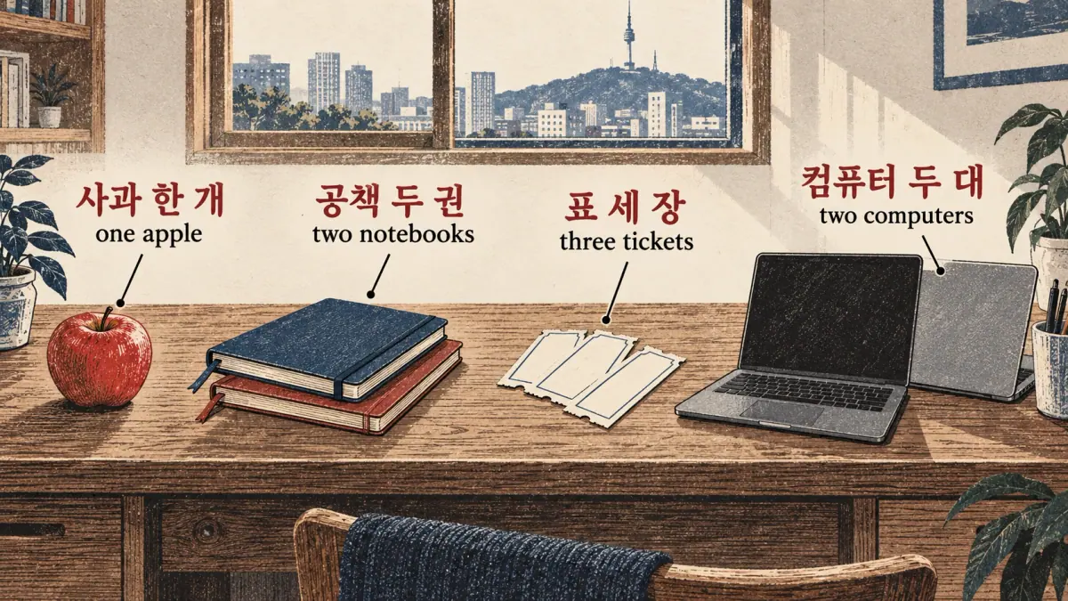 사과 한 개, 공책 두 권, 표 세 장, 컴퓨터 두 대 label one apple, two notebooks, three tickets and two computers.