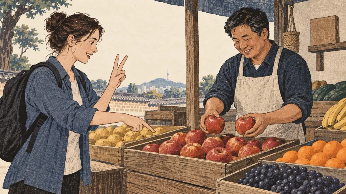 A learner points to two apples and holds up two fingers when unsure of the counter.